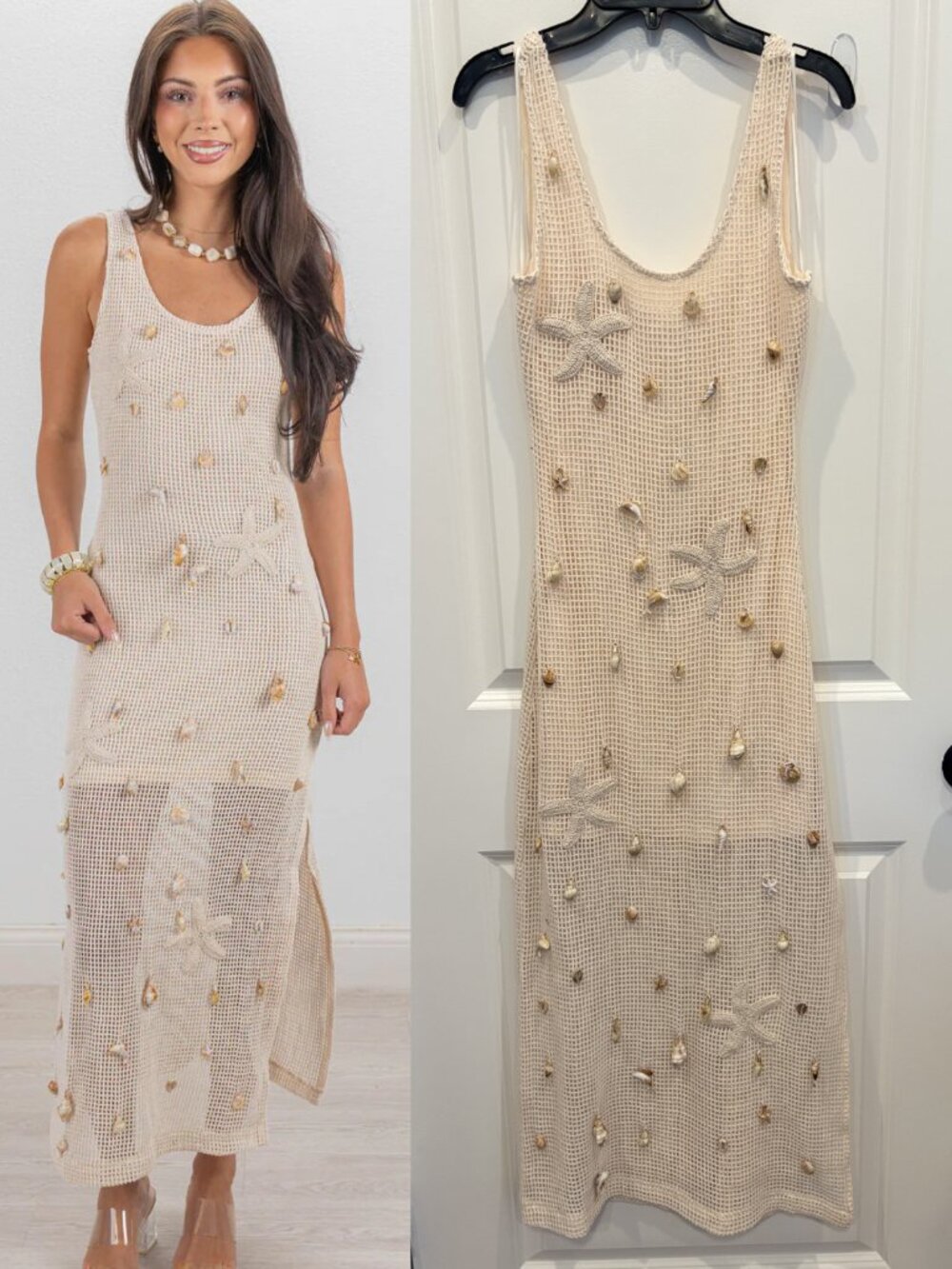 Bloomingdales White Lotus X Aqua Beige Crochet Shell-Embellished Maxi Dress
